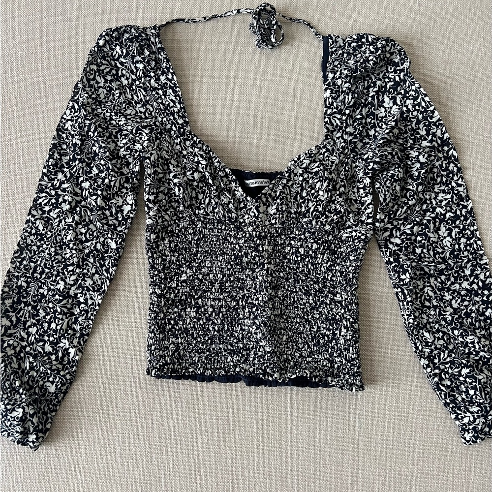 Reformation Blue and White Print top